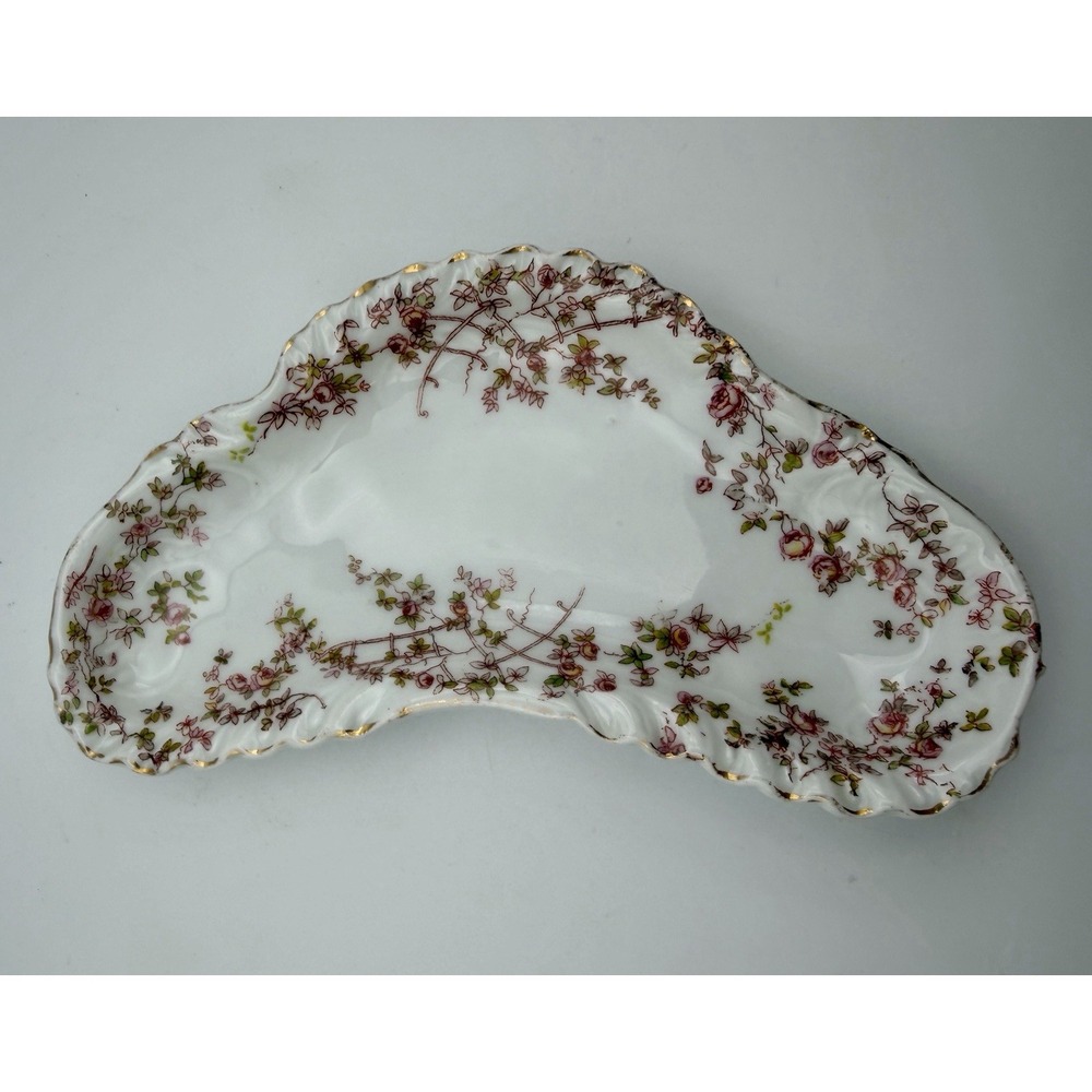 Antique Carlsbad Porcelain Bone Dish Crescent Rose Garlands Trellis Gold Trim 7"